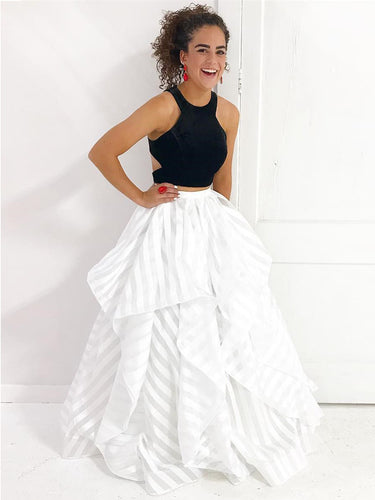Two Piece Prom Dresses Halter A Line Long Black and White Prom Dress JKL947|Annapromdress