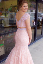 Two Piece Prom Dresses V-neck Mermaid Pink Beading Sexy Long Prom Dress JKL950|Annapromdress