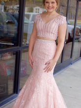 Two Piece Prom Dresses V-neck Mermaid Pink Beading Sexy Long Prom Dress JKL950|Annapromdress