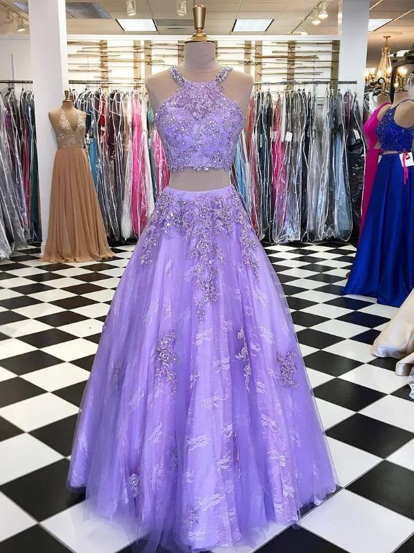 Two Piece Prom Dresses Halter Aline Tulle Long Chic Lace Lilac
