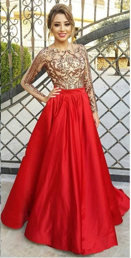 Red Prom Dresses Bateau A-line Long Sleeve Open Back Gold Lace Prom Dr Anna PromDress Red Prom Dresses Bateau A-line Long Sleeve Open Back Gold Lace Prom Dr Anna PromDress