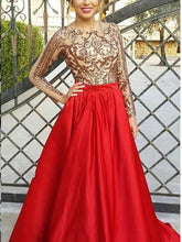 Red Prom Dresses Bateau A-line Long Sleeve Open Back Gold Lace Prom Dress JKL959|Annapromdress
