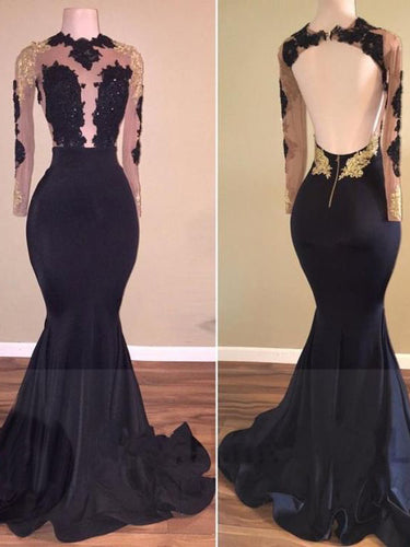 Black Prom Dresses Scoop Open Back Mermaid Short Train Long Prom Dress JKL962|Annapromdress