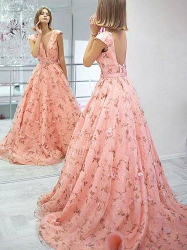 Open Back Prom Dresses V-Neck A line Lace Prom Dress Sexy Evening Dress JKL963|Annapromdress