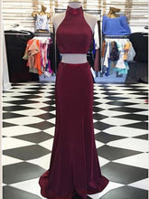 Two Piece Prom Dresses High Neck Sheath Long Burgundy Prom Dress JKL968|Annapromdress