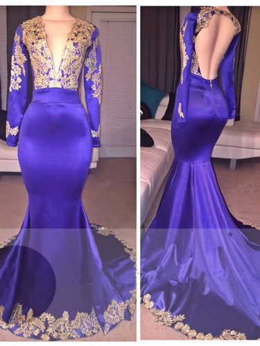 Mermaid Prom Dresses Long Sleeve V-neck Gold Long Sexy Prom Dress JKL969|Annapromdress