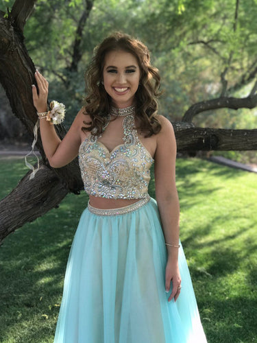 Two Piece Prom Dresses High Neck A-line Long Beading Chic Prom Dress JKL976|Annapromdress