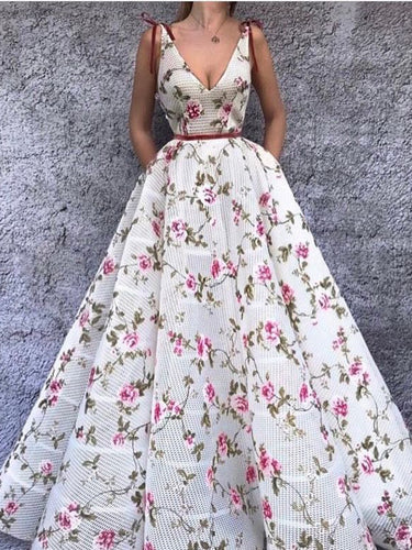 Chic Prom Dresses Straps V-neck Long Embroidery Floral Prom Dress JKL981|Annapromdress