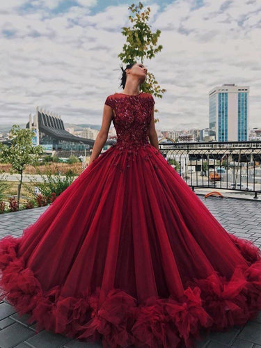 Ball Gown Prom Dresses Scoop Long Beading Chic Luxury Big Burgundy Prom Dress JKL984|Annapromdress