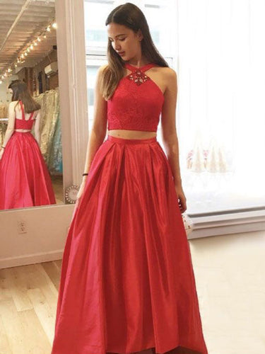 Two Piece Prom Dresses Halter Floor-length Aline Chic Lace Prom Dress JKL986|Annapromdress