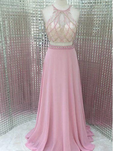 Two Piece Prom Dresses Scoop A-line Long Beading Chic Pink Prom Dress JKL992|Annapromdress