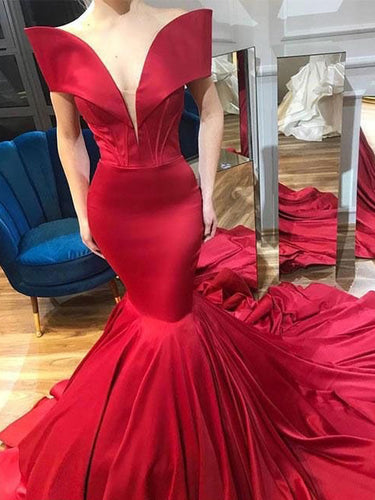 Mermaid Prom Dresses off-the-shoulder Sweep Train Chic Red Prom Dress JKL994|Annapromdress