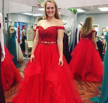 Two Piece Prom Dresses Off-the-shoulder A line Long Red Prom Dress JKL996|Annapromdress