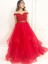 Two Piece Prom Dresses Off-the-shoulder A line Long Red Prom Dress JKL996|Annapromdress