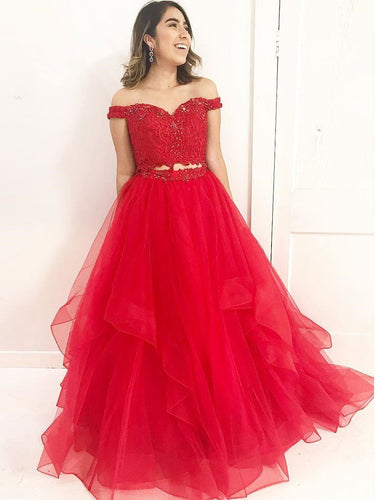 Two Piece Prom Dresses Off-the-shoulder A line Long Red Prom Dress JKL996|Annapromdress