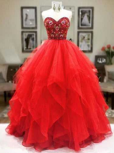 Ball Gown Prom Dresses Sweetheart Embroidery Floor-length Red Prom Dress JKL998|Annapromdress