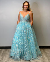 Luxury Lace Spaghetti Straps Blue Long Prom Dress with Pockets,JKM2011|annapromdress