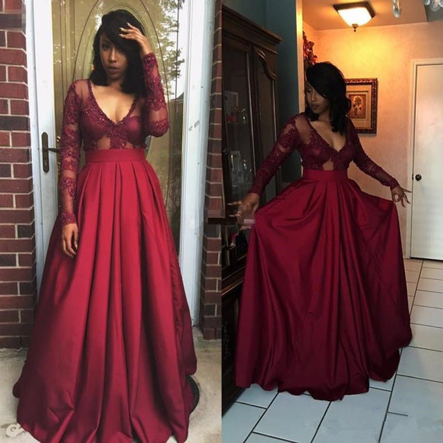 Chic Plus Size Prom Dresses V-neck Satin Burgundy Long Sleeve Prom