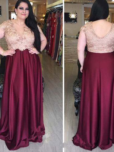 Burgundy Plus Size Prom Dresses V-neck Sexy Satin Floor-length Prom Dress JKP019