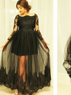 Sexy Plus Size Prom Dresses Black Tulle Bateau Appliques Prom Dress JKP025