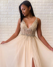 Sexy Deep V Neck Side-Slit Beaded Long Prom Evening Dress JKR301|Annapromdress