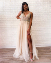 Sexy Deep V Neck Side-Slit Beaded Long Prom Evening Dress JKR301|Annapromdress