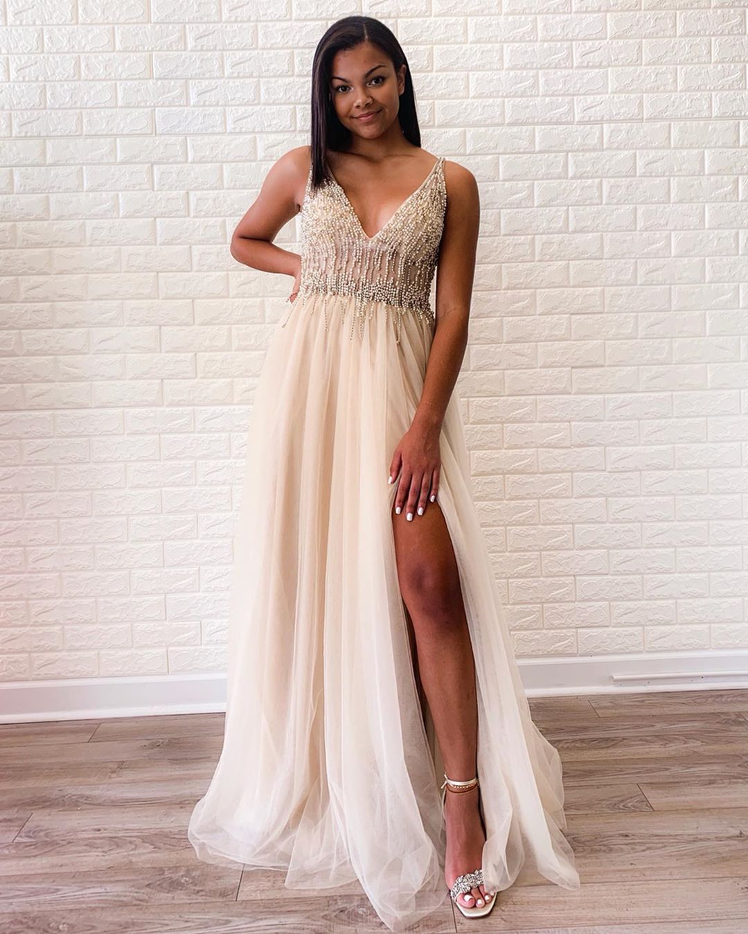Sexy Delicate Beading Beige Prom Dress Long Formal Dress with Slit