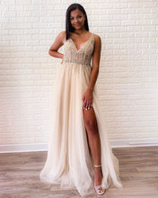 Sexy Deep V Neck Side-Slit Beaded Long Prom Evening Dress JKR301|Annapromdress