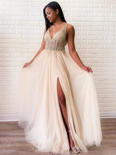 Sexy Deep V Neck Side-Slit Beaded Long Prom Evening Dress JKR301|Annapromdress