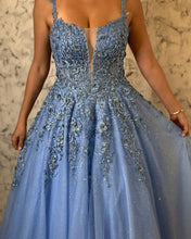 Spaghetti Straps Appliques Blue Modest Tulle Prom Dress JKR305|Annapromdress