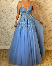 Spaghetti Straps Appliques Blue Modest Tulle Prom Dress JKR305|Annapromdress