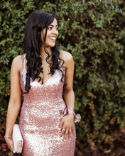 Sexy Halter V-Neck Rose Gold Sparkly Prom Dress JKR307|Annapromdress