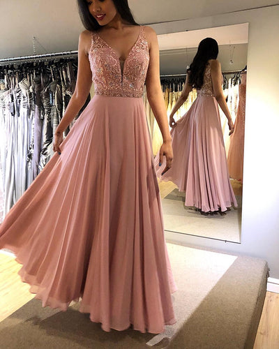 Chic Lace Bodice Beaded A-Line Long Chiffon Prom Dress JKR309|Annapromdress