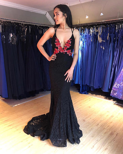 Sexy Deep V-Neck Red Embroidery Lace Prom Evening Dress JKR310|Annapromdress