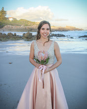 Sexy Deep V-Neck Beaded Bodice A-Line Blush Prom Evening Dress JKR313|Annapromdress