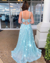 Spaghetti Straps Scoop Mint Tulle Sparkly Prom Dress with Slit JKR317