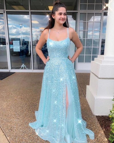 Spaghetti Straps Scoop Mint Tulle Sparkly Prom Dress with Slit JKR317