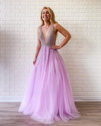 Sexy Deep V-Neck Beaded A-Line Modest Tulle Prom Dress JKR318