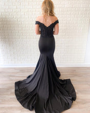 Off the Shoulder Lace Bodice Black Mermaid Prom Dress Court Train JKR319