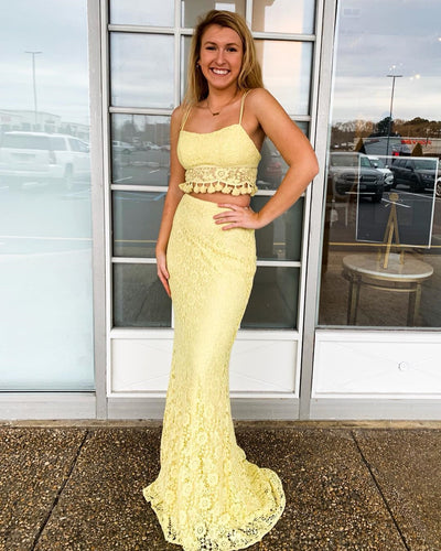 Exquisite Lace Yellow Spaghetti Straps Two Piece Mermaid Prom Dress JKR320