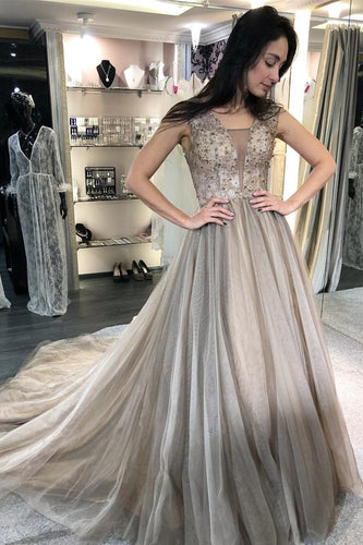 A-Line V-Neck Sweep Train Light Grey Prom Dress with Beading JKR323|Annapromdress