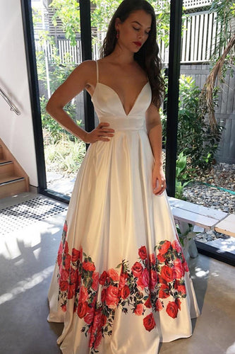 A-Line Spaghetti Straps Floor-Length White Printed Prom Dress with Pleats JKR324