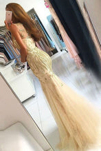 Mermaid Crew Sweep Train Champagne Tulle Sleeveless Prom Dress with Beading JKR325