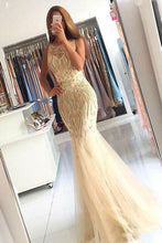 Mermaid Crew Sweep Train Champagne Tulle Sleeveless Prom Dress with Beading JKR325