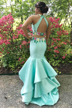 Two Piece Jewel Sweep Train Blue Satin Open Back Prom Dress with Appliques Ruffles JKR326