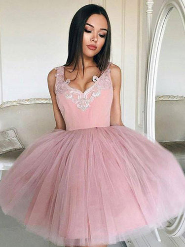 2017 Homecoming Dress Tulle Straps Appliques Short Prom Dress Party Dress JKS029