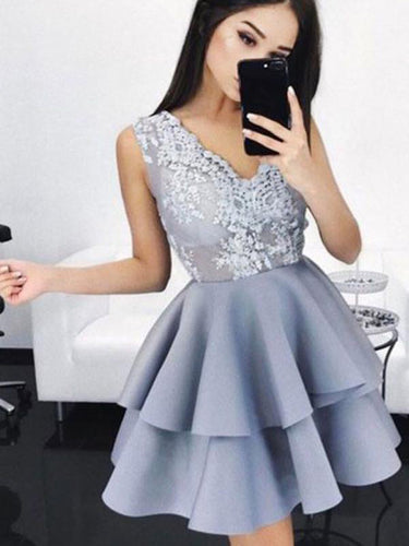 2017 Homecoming Dress V-neck Lavender Lace Short Prom Dress Party Dress JKS043