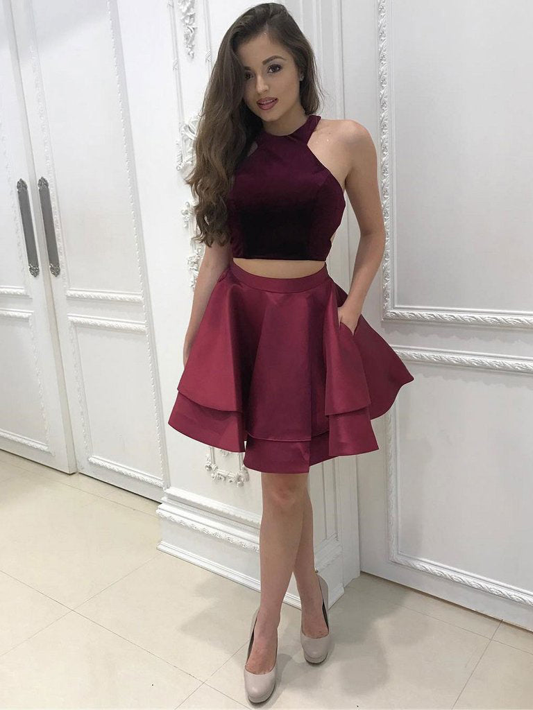 Two Piece Homecoming Dress Halter Burgundy Short Prom Dress Cute Party Anna PromDress