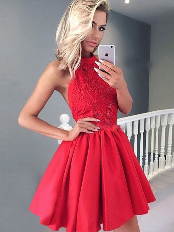 silk black homecoming dress Red v neck lace short prom dress, homecoming dress – shdress main image 0