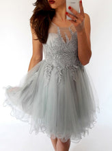 Lace Homecoming Dress Silver Scoop Tulle Short Prom Dress Party Dress JKS068
